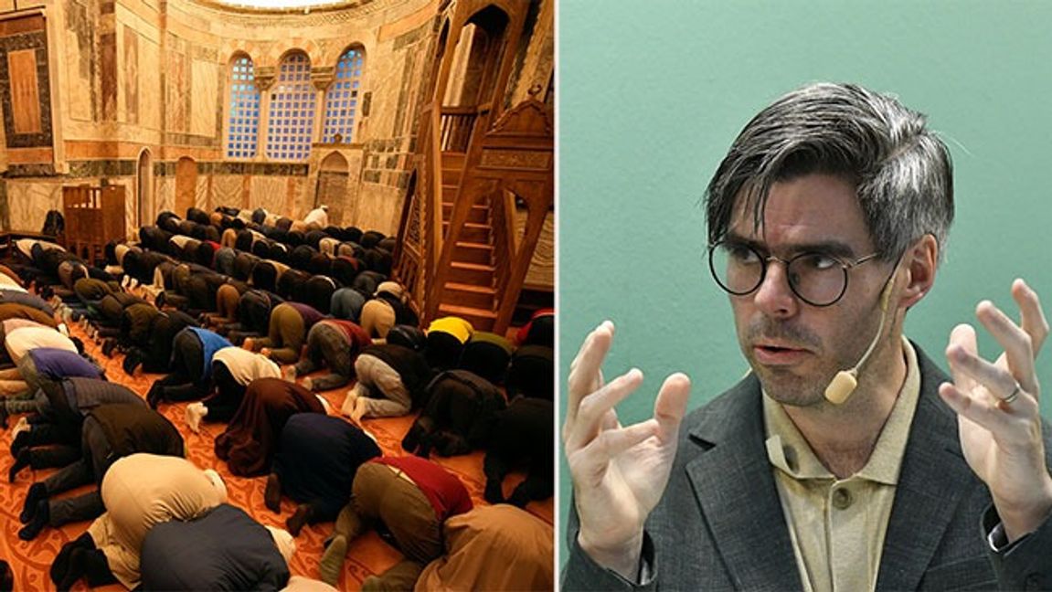 T.V: Turkiska muslimer ber i en tidigare ortodox kyrka som president Erdogan gjort om till moské. T.h: Joel Halldorf på bokmässan 2024. Bild: AP Photo/Emrah Gurel/Johan Jönsson (Julle)/CC BY-SA 4.0