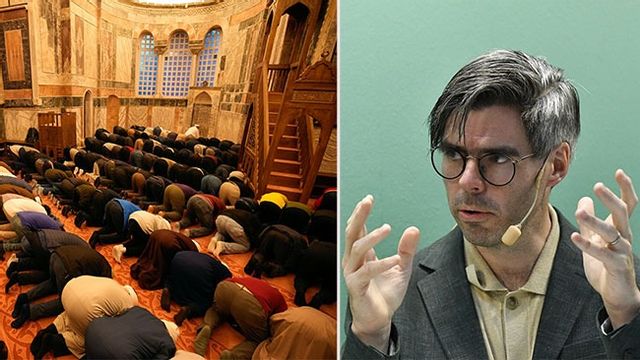 T.V: Turkiska muslimer ber i en tidigare ortodox kyrka som president Erdogan gjort om till moské. T.h: Joel Halldorf på bokmässan 2024. Bild: AP Photo/Emrah Gurel/Johan Jönsson (Julle)/CC BY-SA 4.0