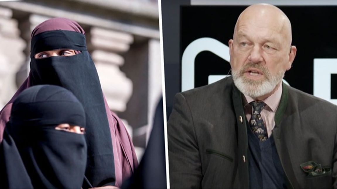 Christopher Jarnvall (SD), gruppledare i Norrköping, vill förbjuda ansiktstäckande slöjor för kommunanställda.  Foto: Mads Claus Rasmussen/AP/TT/Faksimil Riks Youtube.