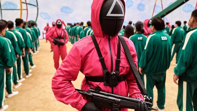 En dryg halvtimme in i första avsnittet av Squid Game står de 456 deltagarna uppradade för att leka ”Röda lyktan stopp”. Foto: Netflix, pressbild