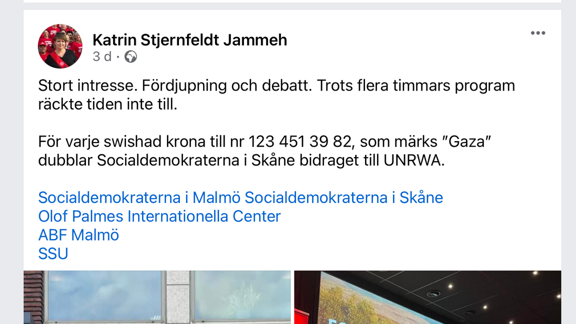 Socialdemokraterna i Malmö skänker pengar till UNRWA. Tanken är att fylla hålet som uppstod när regeringen stoppade pengarna på grund av stöd till rasism och terrorism. Foto: Facebook