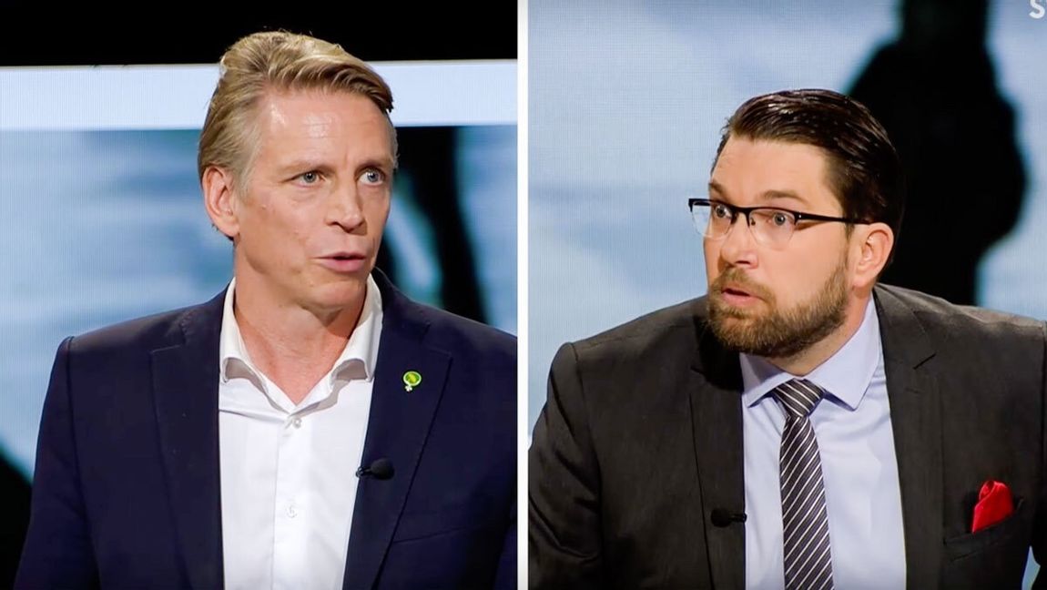 Vänster: Miljöpartiets språkrör Per Bolund. Höger: Sverigedemokraternas partiledare Jimmie Åkesson. Foto: SVT