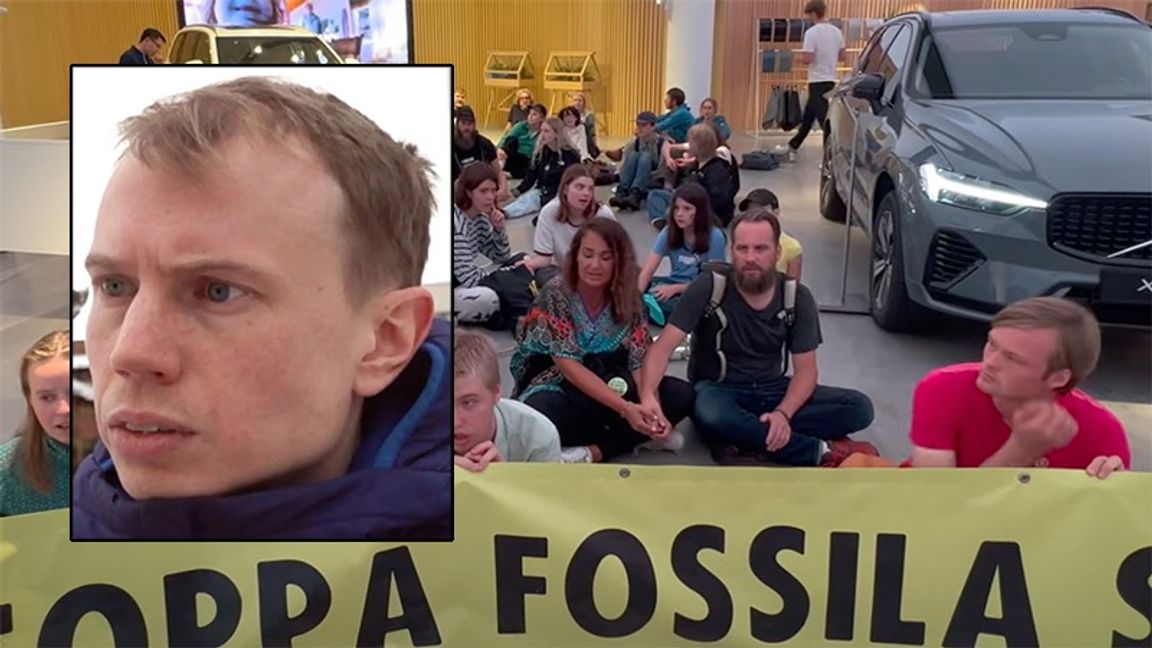 Läkaren Gustav Backlund deltog i klimataktion mot Volvo. Foto: Skämdump SvT/ Youtube Der Pilger