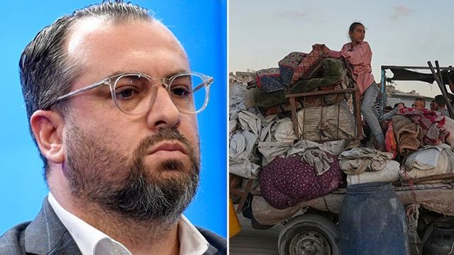 Kommunalrådet Sedat Arif (S) och palestinska internflytingar i Gaza. Bild: Jakob Åkersten Brodén/TT/AP Photo/Jehad Alshrafi