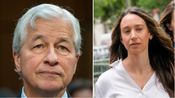 Jamie Dimon (t.v.), ordförande och vd för den amerikanska storbanken JP Morgan samt Charlie Javice (t.h.), grundare av student-plattformen Frank. Foto: Alex Brandon/John Minchillo/AP/TT