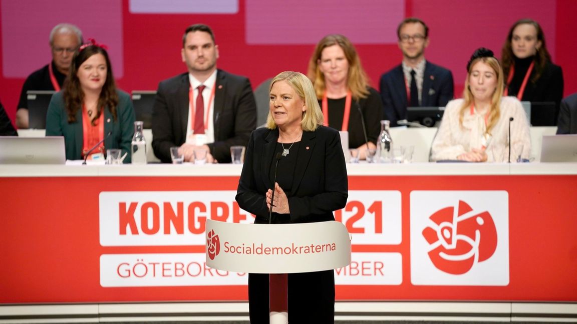 Magdalena Andersson i samband med utnämningen av henne till ny partiordförande för Socialdemokraterna vid Socialdemokraternas kongress i Göteborg på torsdagen. Foto: Björn Larsson Rosvall/TT.