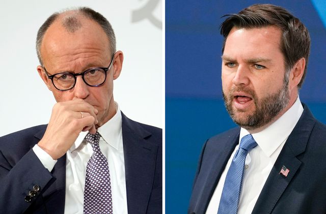 Friedrich Merz, ledare för tyska Kristdemokraterna (CDU) och JD Vance, USA:s vicepresident. Matthias Schrader/Ebrahim Noroozi/AP/TT (Montage)