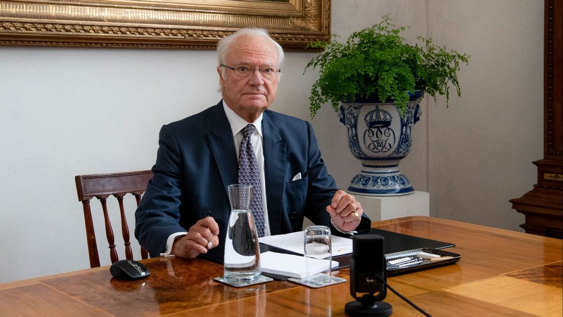 Kung Carl Gustaf håller digitalt möte med representanter för svenskt näringsliv tillsammans med kronprinsessan Victoria. Foto: Pontus Lundahl / TT