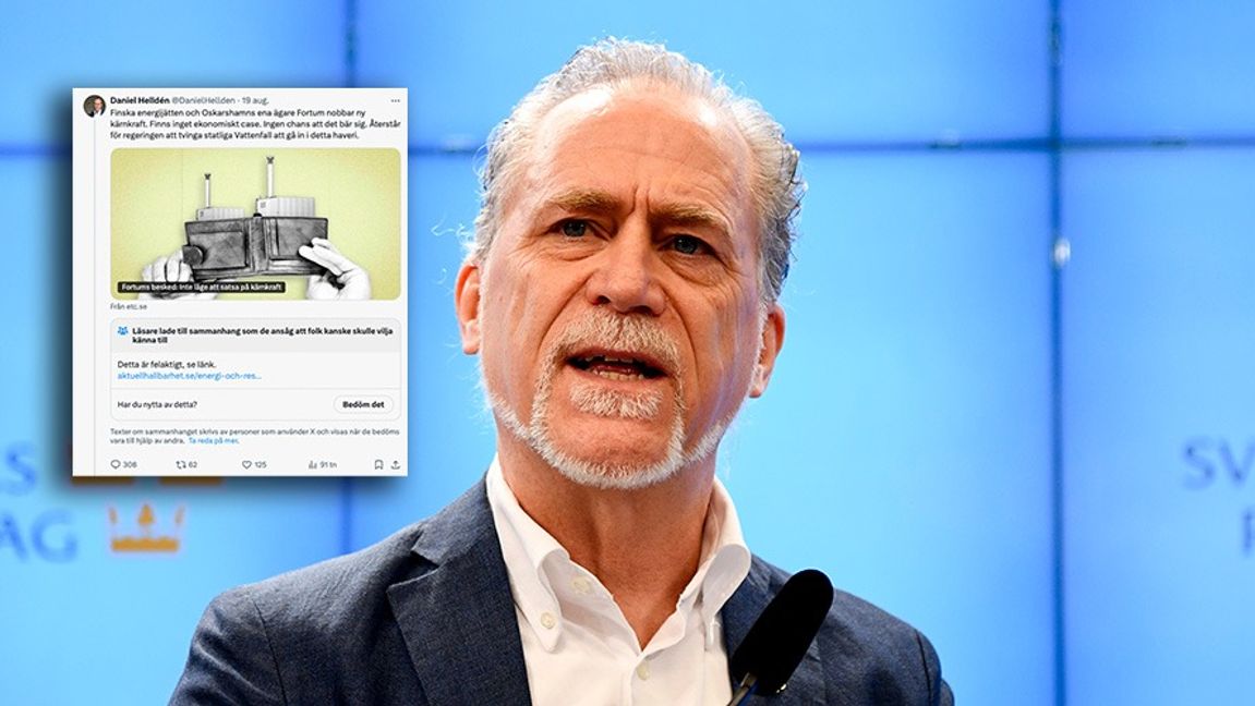 Daniel Helldén faktakollas på X. Bild: Faksimil X/Lars Schröder/TT