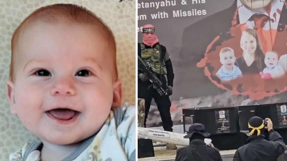 Lille Kfirs kista visades upp av Hamaterrorister. Foto: X