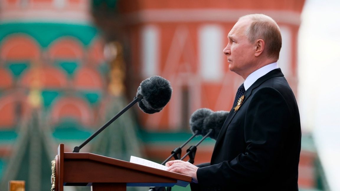 President Vladimir Putin vid sitt tal på Segerdagen i Moskva den 9 maj i år. Foto: Michail Metzel/Sputnik/pool/AP/TT