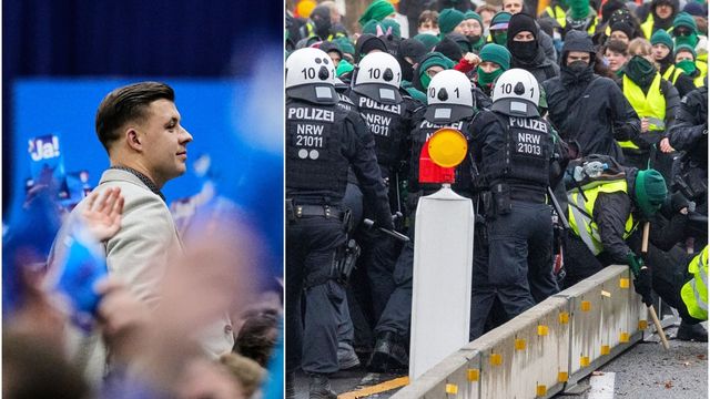 Jean-Pascal Hohm blev försenad till Generation Deutschlands första kongress på grund av demonstranter. Foto: Martin Meissner/AP/TT/Lando Hass/AP/TT