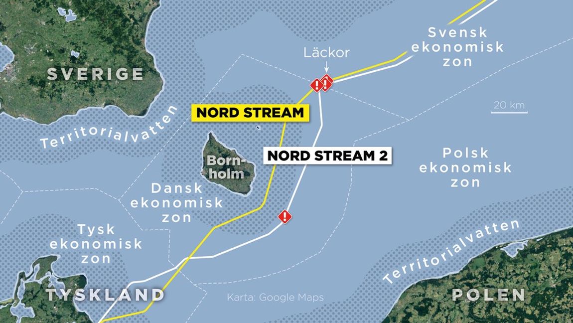 Kartan visar de fyra läckorna på gasledningarna Nord Stream och Nord Stream 2 samt ekonomiska zoner och territorialvatten. Foto: Anders Humlebo/TT