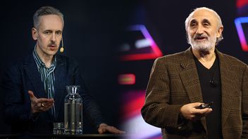 Andreas Gustavsson får mothugg från evolutionspsykologen Gad Saad. Bild: Magnus Lejhall/TT/Gage Skidmore/CC BY-SA 2.0