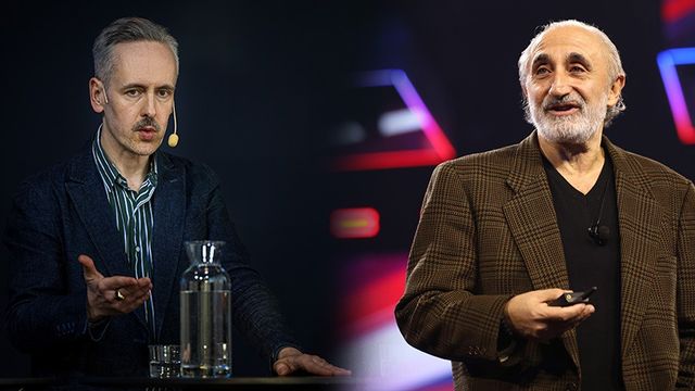 Andreas Gustavsson får mothugg från evolutionspsykologen Gad Saad. Bild: Magnus Lejhall/TT/Gage Skidmore/CC BY-SA 2.0
