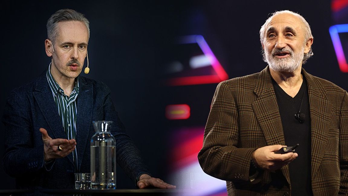 Andreas Gustavsson får mothugg från evolutionspsykologen Gad Saad. Bild: Magnus Lejhall/TT/Gage Skidmore/CC BY-SA 2.0