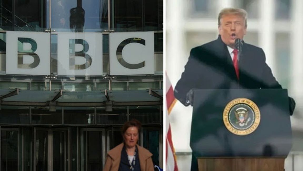 BBC:s högkvarter i London och Donald Trump under talet den 6 januari 2021. Foto: Kin Cheung/AP/TT/Evan Vucci/AP/TT.