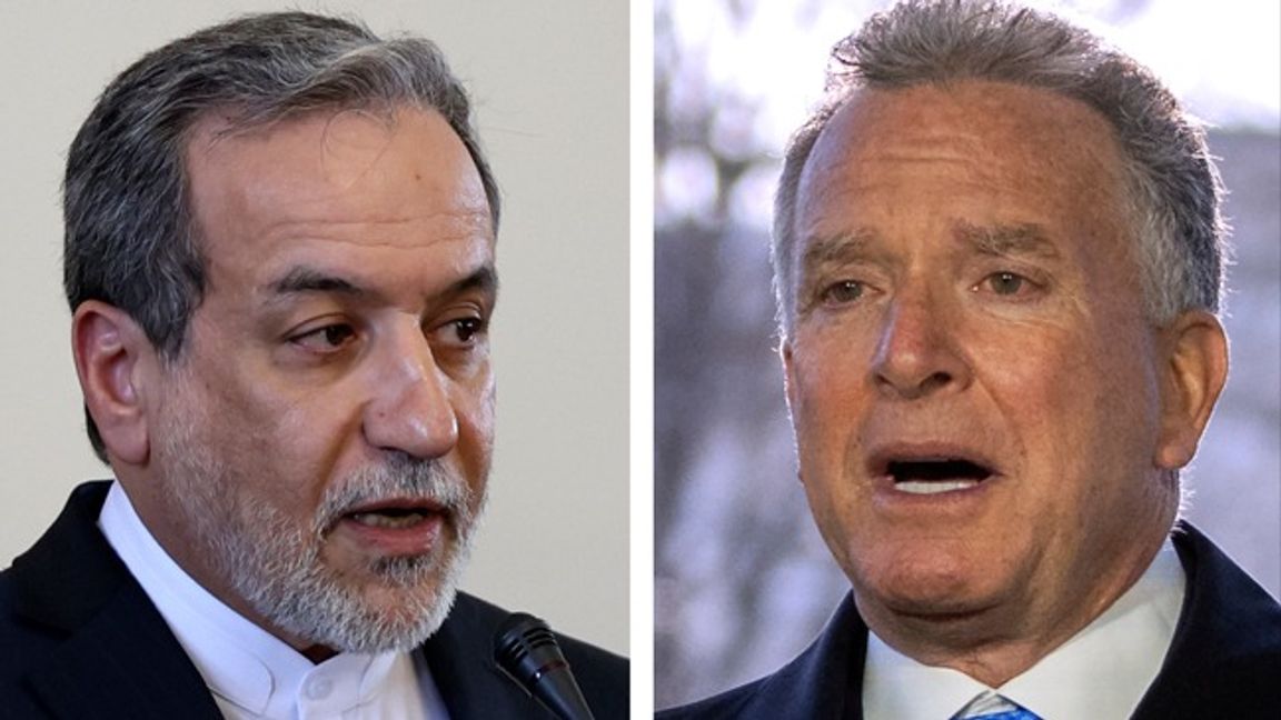 Den iranska regimens utrikesminister Abbas Araghchi till vänster. Till höger USA:s sändebud Steve Witkoff. Foto: AP