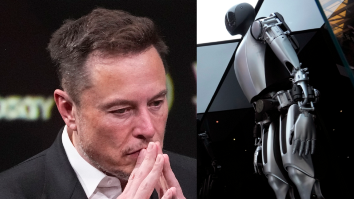 Den humanoida robotmodellen ”Optimus” visades upp på Tesla-eventet ”We, robot”. Foto: AP