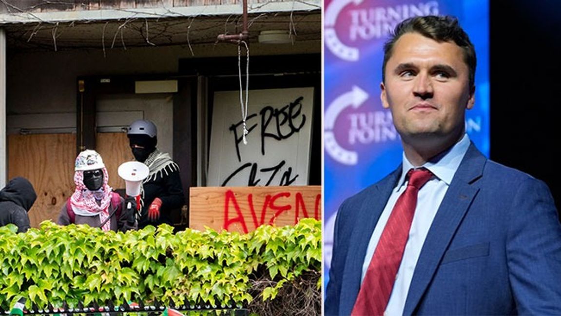 T.v: Demonstranter ockuperar collegebyggnad i Berkeley i maj 2024. T.h: Den på college mördade Charlie Kirk. Bild: Santiago Mejia/San Francisco Chronicle via AP/AP Photo/Alex Brandon