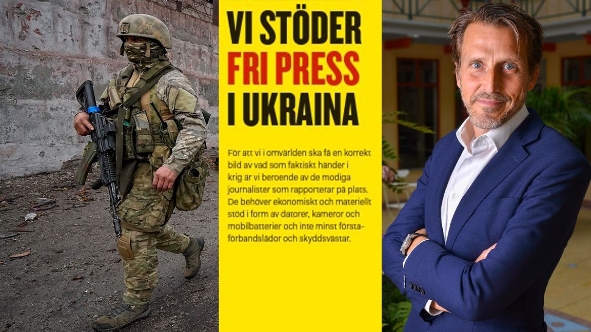 Tidningsutgivarna skänker 60 000 euro till Ukraina. Foto: (soldat, tv) AP/TT / (Johan Taubert, th och guld stripe, m) Tidningsutgivarna