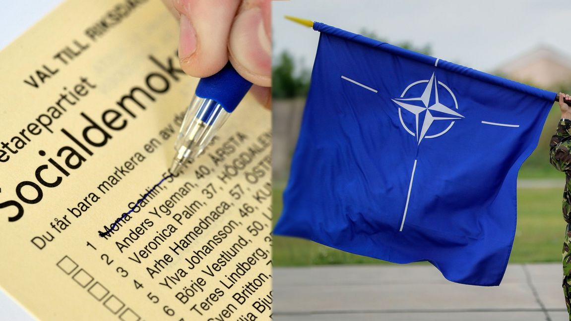 S-väljare alltmer positiva till medlemskap i Nato. Foto: (Valsedel) Jessica Gow/TT / (Flagga) Vadim Ghirda/AP/TT