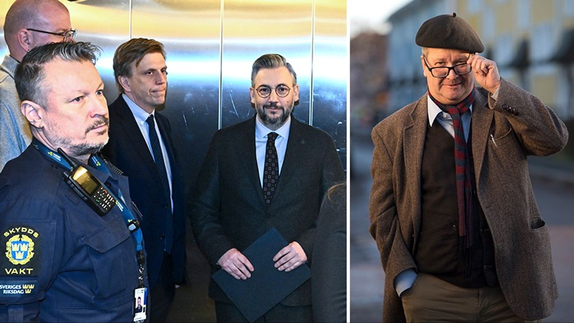 Till vänster: Muharrem Demirok i hissen efter måndagens pressträff. Till höger: statsvetaren Stig-Björn Ljunggren. Foto: Claudio Bresciani/Henrik Montgomery/TT