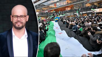 Till vänster: Ali Alabdallah. Till höger: syrier firar Assadregimens fall på Sergels torg i Stockholm. Foto: Oskar Fäldt/Jonas Ekströmer/TT