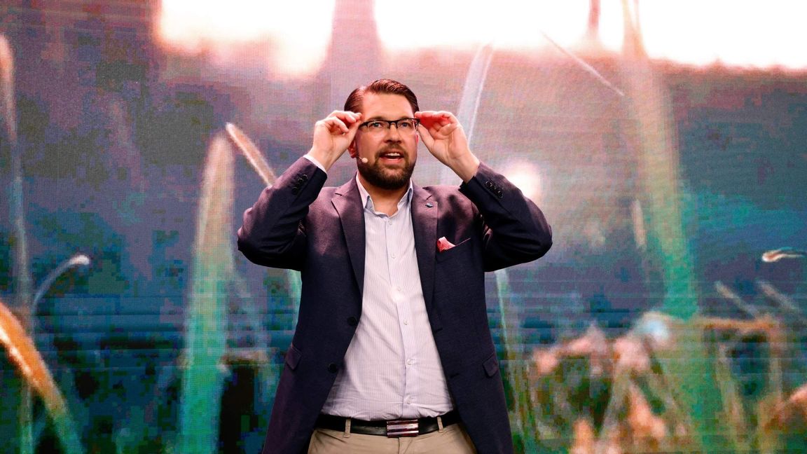 Sverigedemokraternas partiledare Jimmie Åkesson (SD) under Sverigedemokraternas valvaka på Elite Hotel Marina Tower i Nacka på söndagskvällen. Foto: Stefan Jerrevång/ TT 