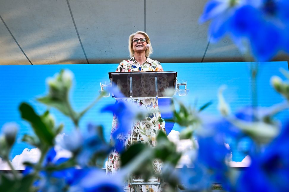 Finansminister Elisabeth Svantesson (M) håller tal under politikerveckan i Almedalen. Foto: Christine Olsson/TT