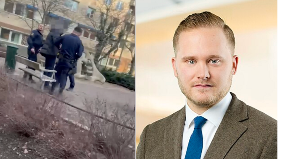 T.v: Skärmdump från Expressens video av gripandet på Södermalm. T.h: Henrik Vinge (SD), ordförande i justitieutskottet.