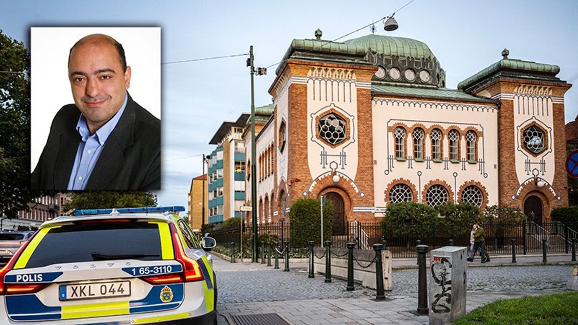 Nima Gholam Ali Pour är riksdagsledamot för SD. Polisbevakning utanför Synagoga. Foto: Pressbild / Johan Nilsson/TT