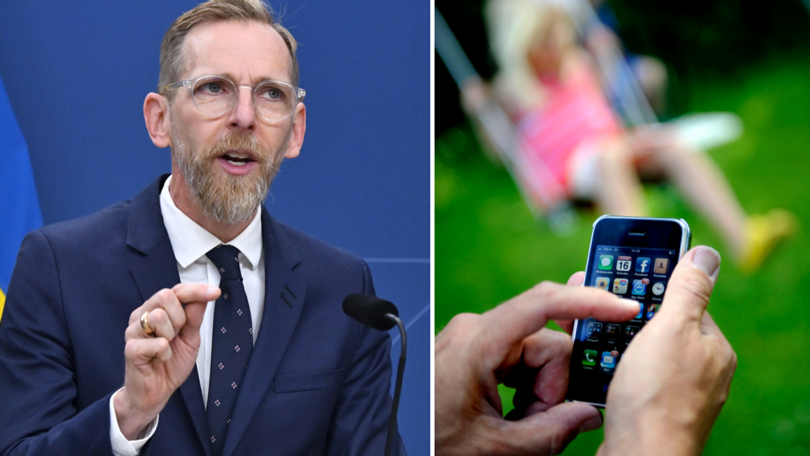 Enligt socialminister Jakob Forssmed (KD) handlar utredningen om hur man kan hjälpa familjer och inte skuldbelägga dem för sina mobilvanor. Foto: Lars Schröder/Erik Mårtensson/TT