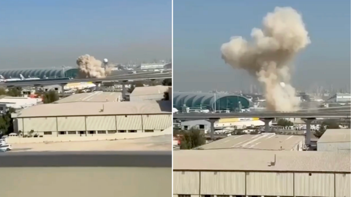 Videoklipp cirkulerar på sociala medier som visar en drönare slå ner vid Dubai International Airport. Foto: Skärmavbild via X