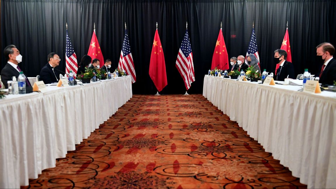 A socially distanced meeting between US and China held in Alaska earlier this year. Photo: Frederic J. Brown/AP/TT