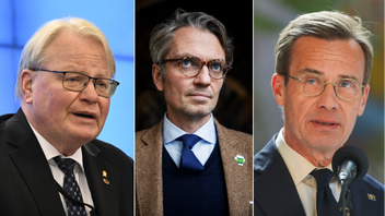 Peter Hultqvist (S), Tobias Thyberg och statsminister Ulf Kristersson (M). Foto: Fredrik Sandberg/ Linus Sundahl-Djerf/Terje Pedersen/SvD/NTB/TT