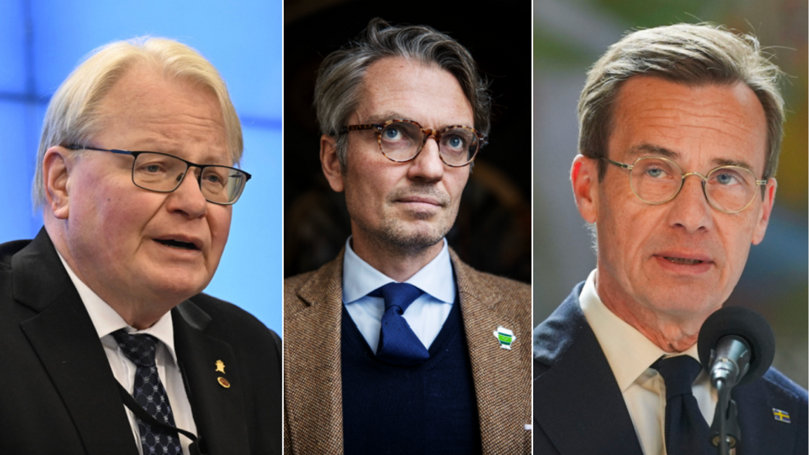 Peter Hultqvist (S), Tobias Thyberg och statsminister Ulf Kristersson (M). Foto: Fredrik Sandberg/ Linus Sundahl-Djerf/Terje Pedersen/SvD/NTB/TT