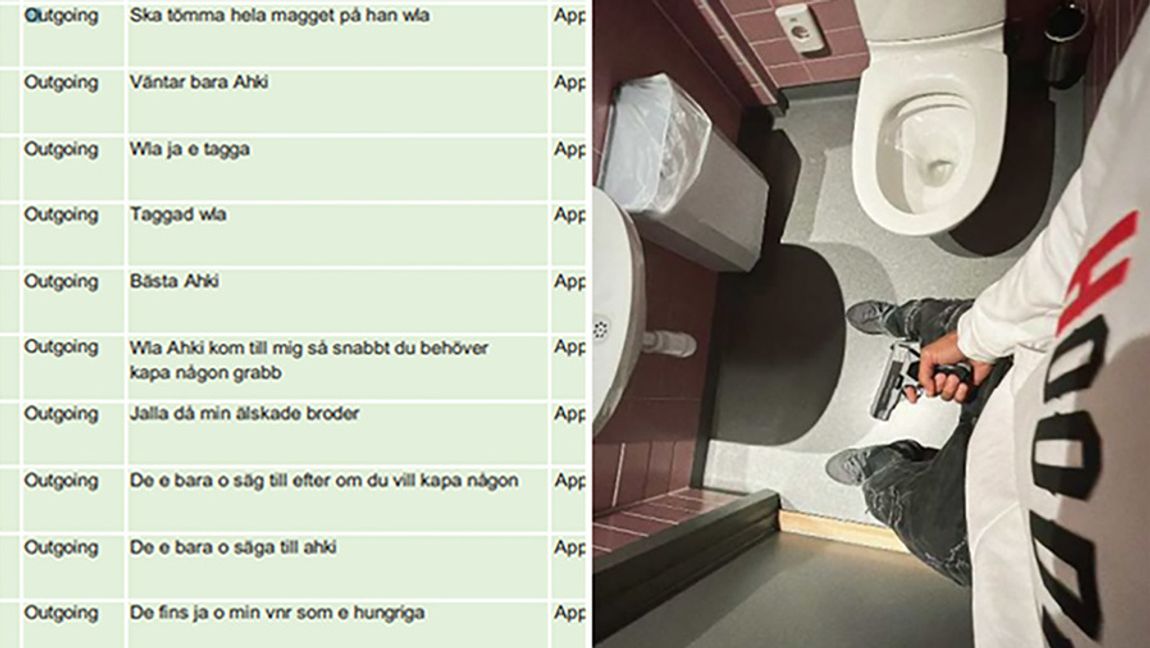 Till vänster syns meddelanden som den åtalade 15-åringen har skickat angående misstänkt förberedelse till mord på en okänd person. Till höger en bild som pojken tog inne på skoltoaletten på Trångsundsskolan två dagar före skottlossningen den 4 september 2024. Foto: Polisen