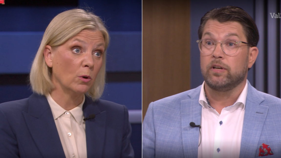 Andersson och Åkesson möttes i SVT Aktuellt för debatt . Foto: Skärmavbild SVT Play