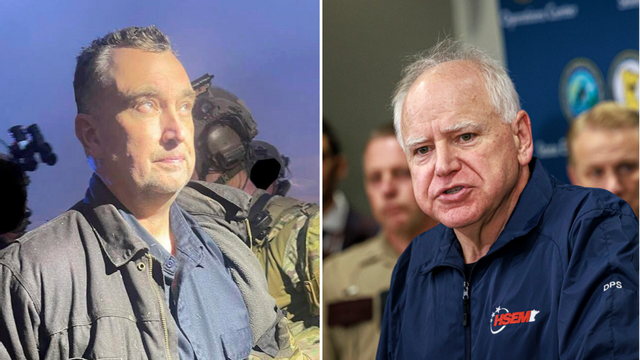 Vance Luther Boelter, till vänster, greps efter 43 timmars polisjakt. Minnesotas guvernör Tim Walz, till höger, säger under en presskonferens att attackerna ”förändrat delstaten Minnesota”. Foto: Kerem Yücel/AP/TT