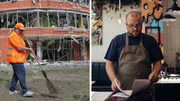 Krögaren Aleksander Yourz arbetar vidare under kriget och håller hårt i tanken på att det snart är över. Till vänster i bildmontaget syns en kvinna sopa framför en byggnad i Odessa efter ryska robotanfall i juni förra året. Foto: MONTAGE: NINA LYASHONOK/AP/TT OCH PRIVAT/TT