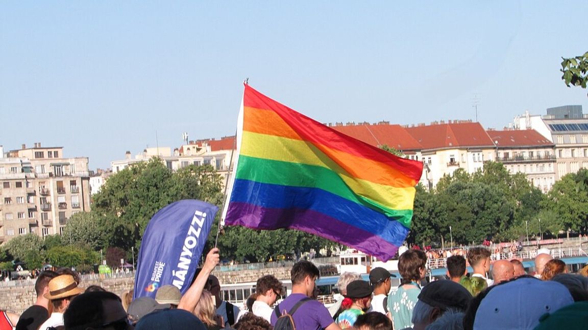 Genrebild. En Pride-flagga i en folkmassa i Budapest. Foto: Banned pride, CC BY 4.0, via Wikimedia Commons