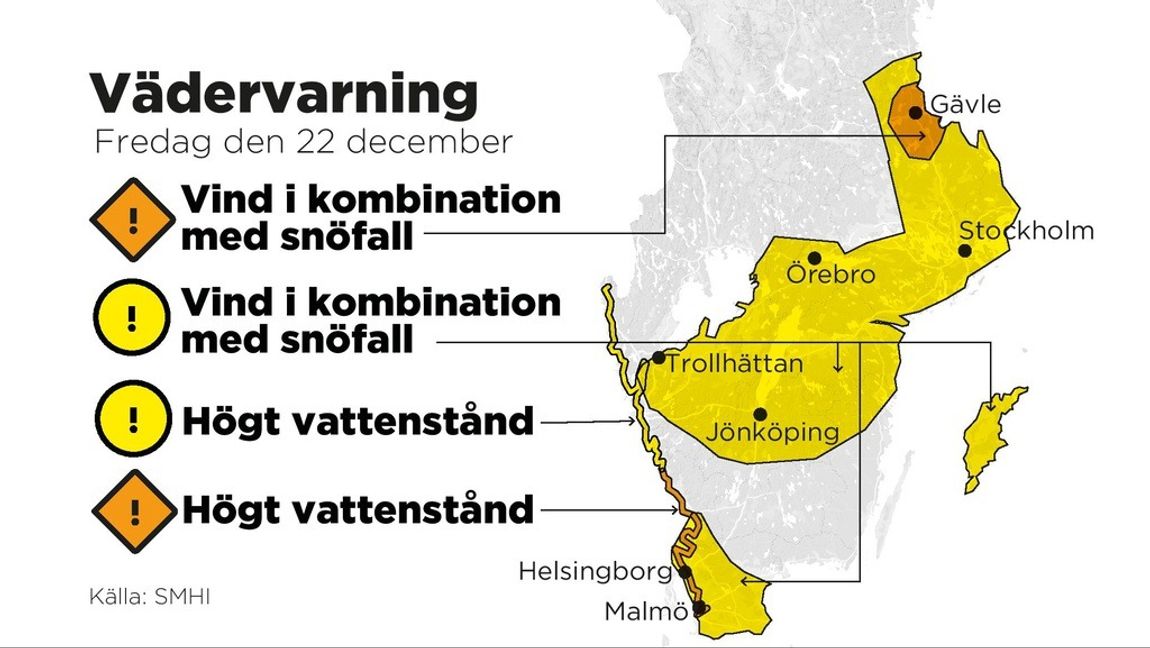 SMHI har utfärdat varningar på flera håll i landet, med anledning av stormen Pia. Grafik: Anna-Lena Lindqvist/TT