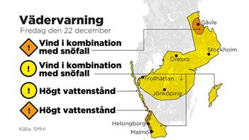 SMHI har utfärdat varningar på flera håll i landet, med anledning av stormen Pia. Grafik: Anna-Lena Lindqvist/TT