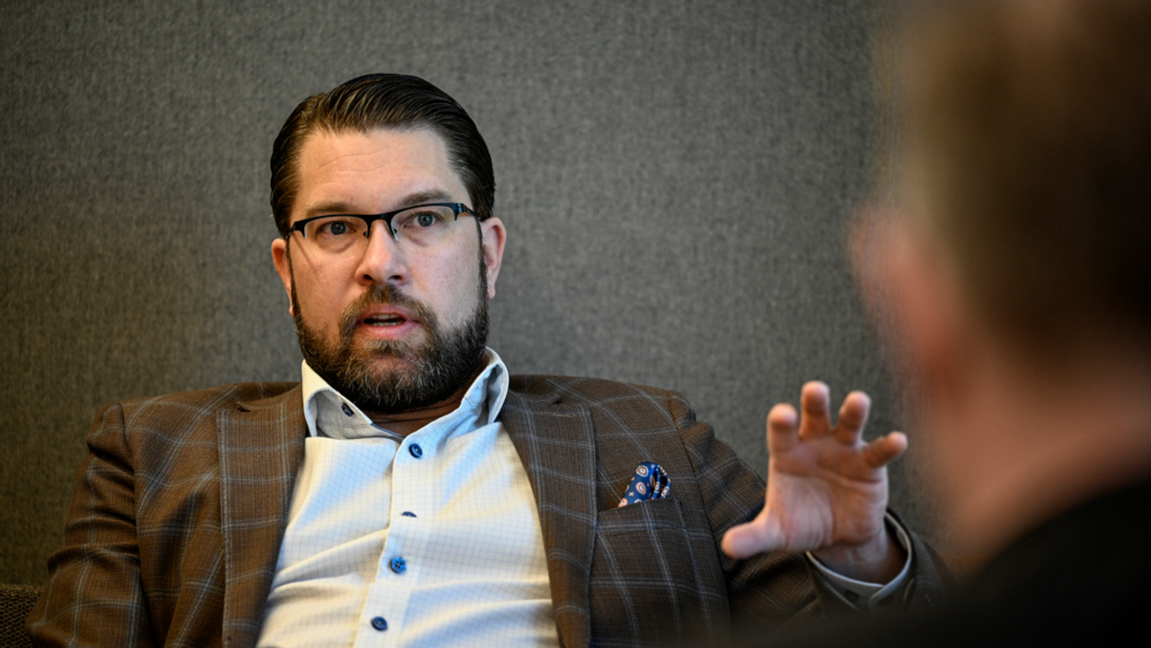 Sverigedemokraternas partiledare Jimmie Åkesson (SD) i intervju. Foto: Anders Wiklund / TT