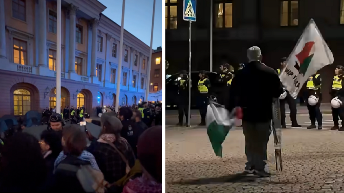 Bilder från den otillåtna demonstrationen på torsdagen då demonstranter samlades utanför Utrikesdepartementet i Stockholm. Anledningen till demonstrationen var stoppandet av Global Sumud Flotillas båtar utanför Gaza. Entrén till UD:s byggnad blockerades. Foto: Skärmdump via Instagram och Riks/X