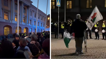 Bilder från den otillåtna demonstrationen på torsdagen då demonstranter samlades utanför Utrikesdepartementet i Stockholm. Anledningen till demonstrationen var stoppandet av Global Sumud Flotillas båtar utanför Gaza. Entrén till UD:s byggnad blockerades. Foto: Skärmdump via Instagram och Riks/X