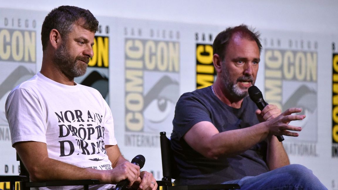 Matt Stone och Trey Parker på Comic-Con i San Diego där de kommenterade reaktionerna på senaste South Park-avsnittet. Foto: Richard Shotwell/AP/TT