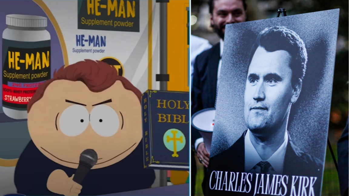 Karaktären Eric Cartman till vänster, här i avsnittet som parodierar den avlidne debattören Charlie Kirk. Foto: New York Post via Youtube, Kena Betancur/AP/TT