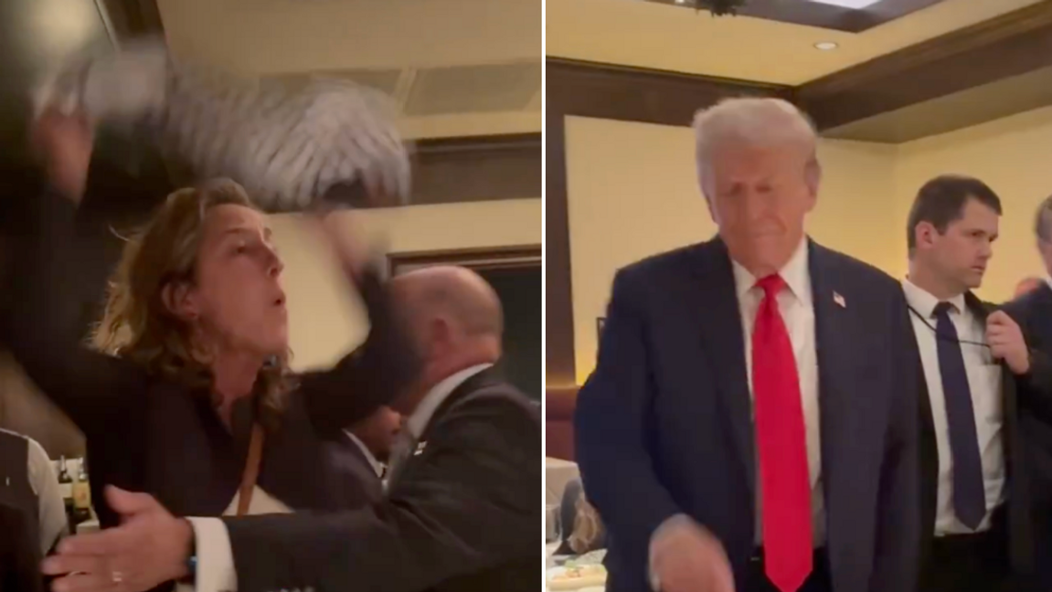 Kvinnliga aktivister från den feministiska gräsrotsorganisationen Code Pink skapade tumult på en restaurang i Washington D.C när de störde Trumps middag med sina regeringsmedlemmar. Bland annat ropade en av kvinnorna ”Trump är vår tids Hitler”. Foto: CODEPINK via X